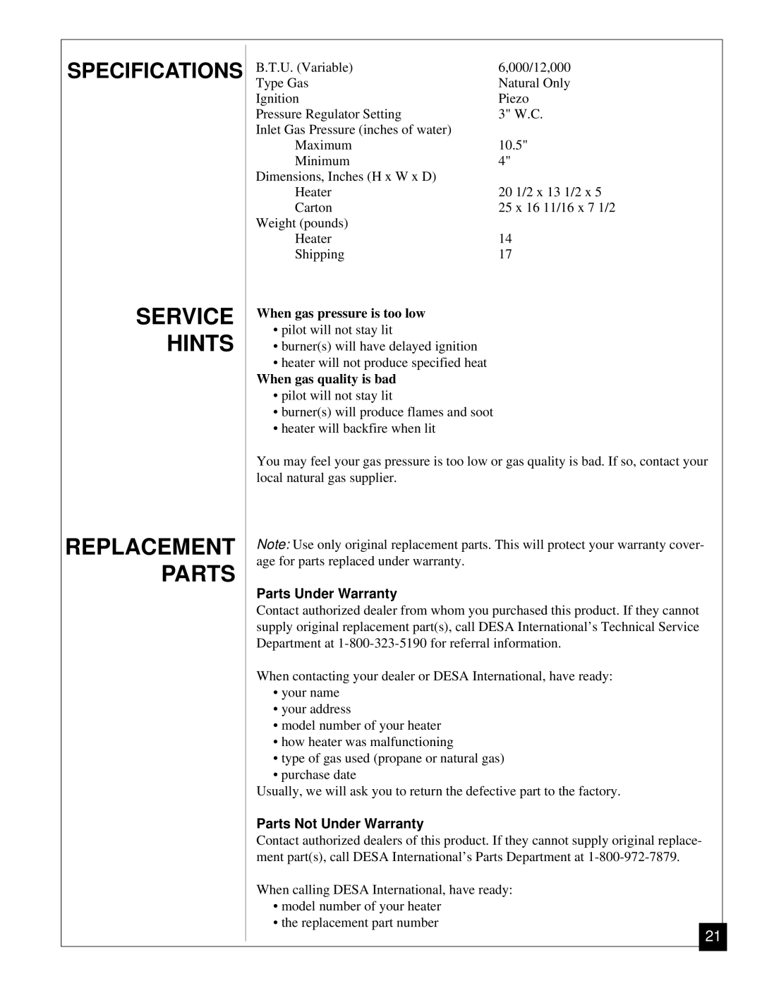 Desa CGN12 installation manual Service Hints Replacement Parts, Parts Under Warranty, Parts Not Under Warranty 