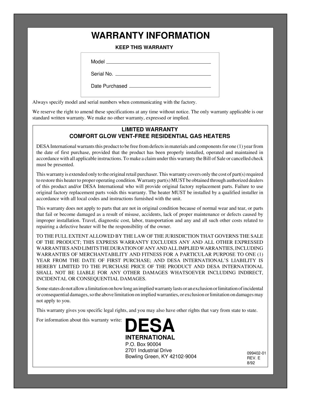 Desa CGN12 installation manual Warranty Information, International 