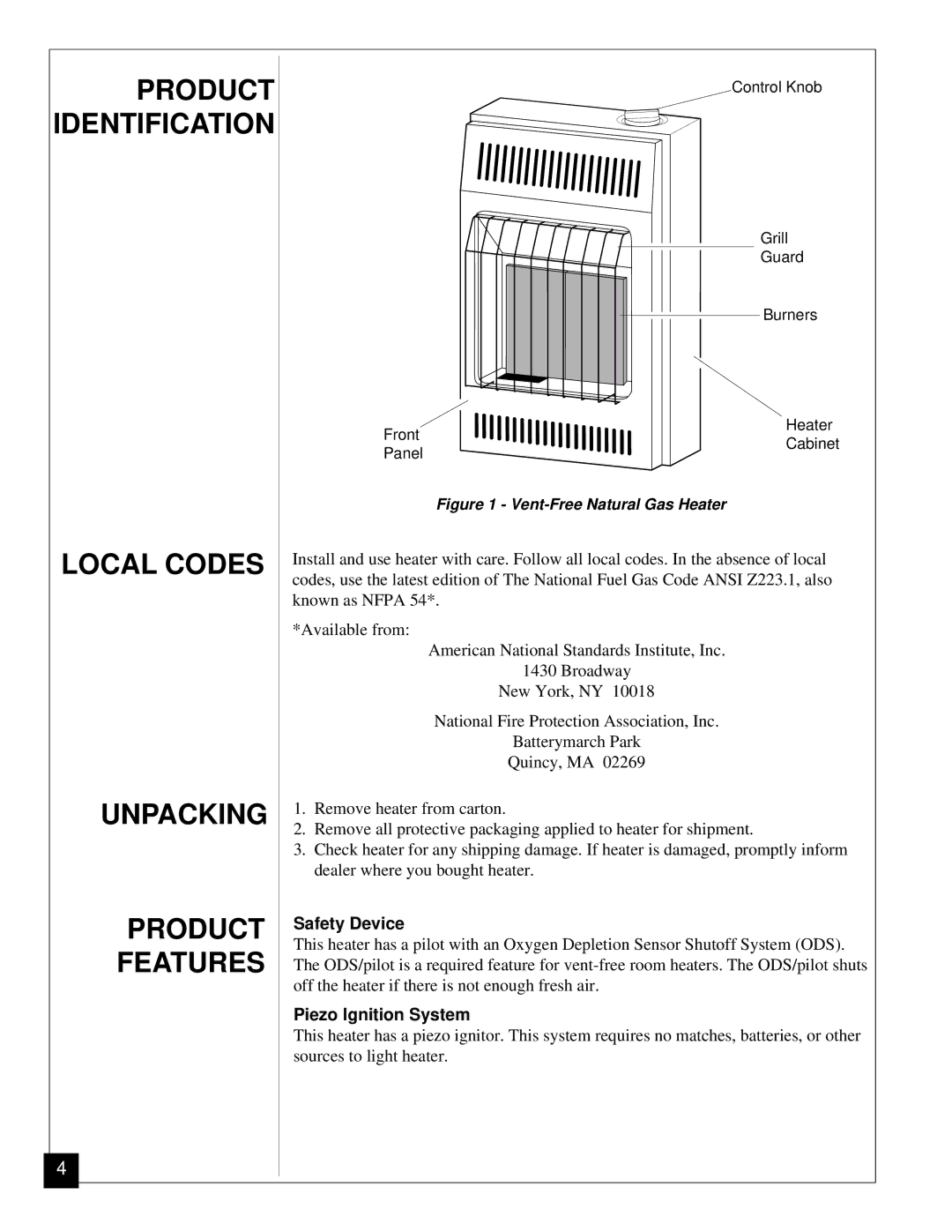 Desa CGN12 Product Identification, Local Codes Unpacking Product Features, Safety Device, Piezo Ignition System 