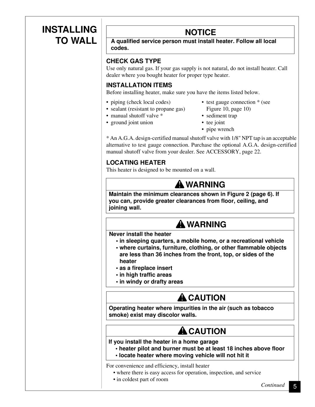 Desa CGN12 installation manual Check GAS Type, Installation Items, Locating Heater 