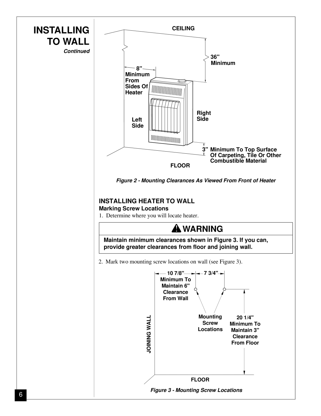 Desa CGN12 installation manual Installing Heater to Wall, Marking Screw Locations 