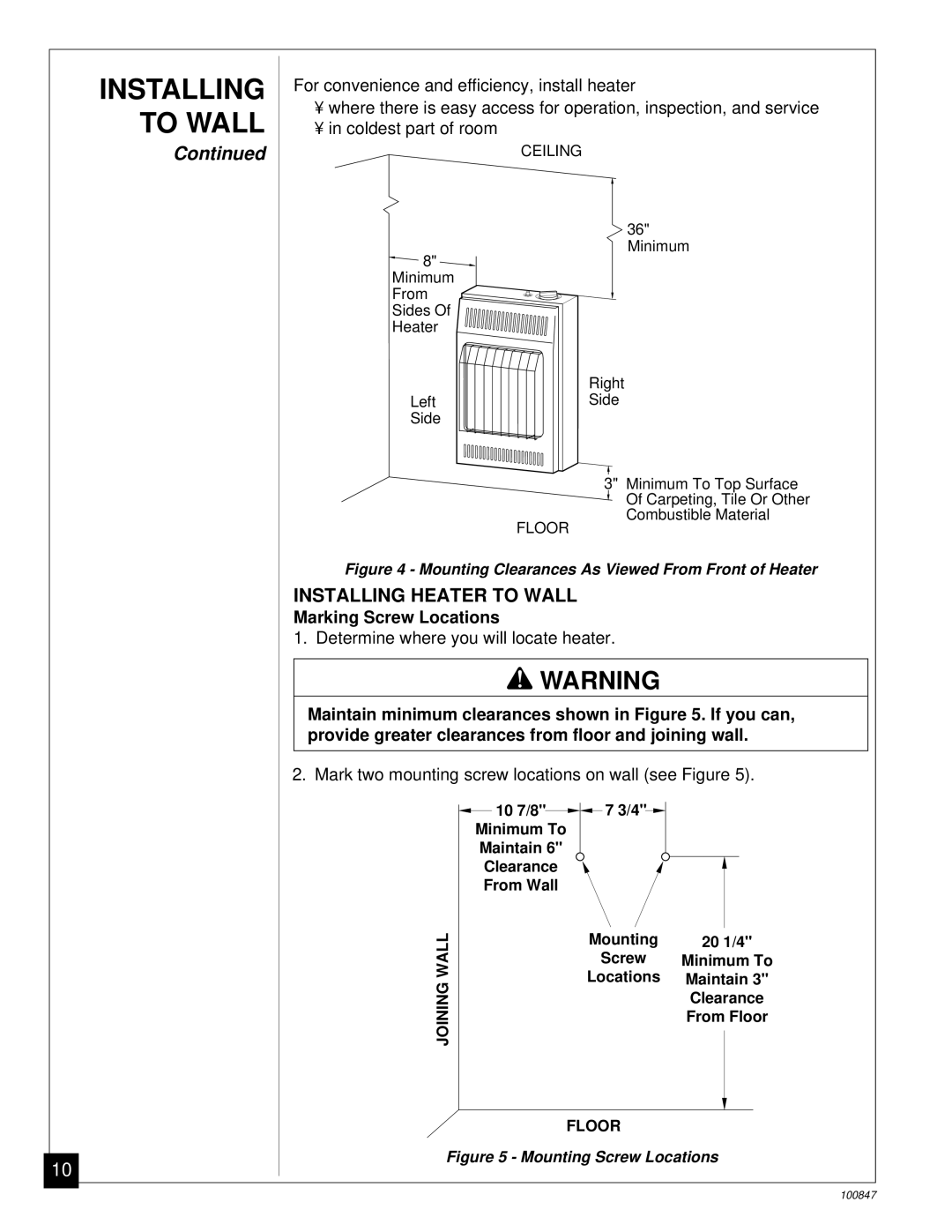 Desa CGN12A installation manual Installing Heater to Wall, Marking Screw Locations 