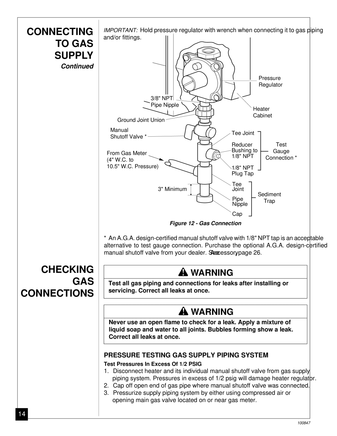 Desa CGN12A Connecting, To GAS Supply, Checking GAS Connections, Pressure Testing GAS Supply Piping System 