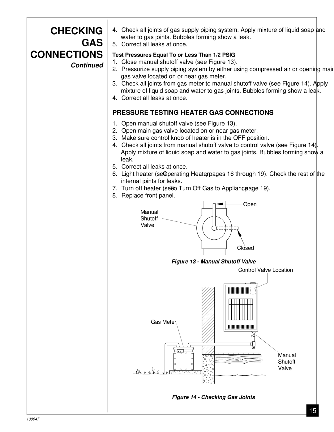 Desa CGN12A installation manual Pressure Testing Heater GAS Connections, Manual Shutoff Valve 