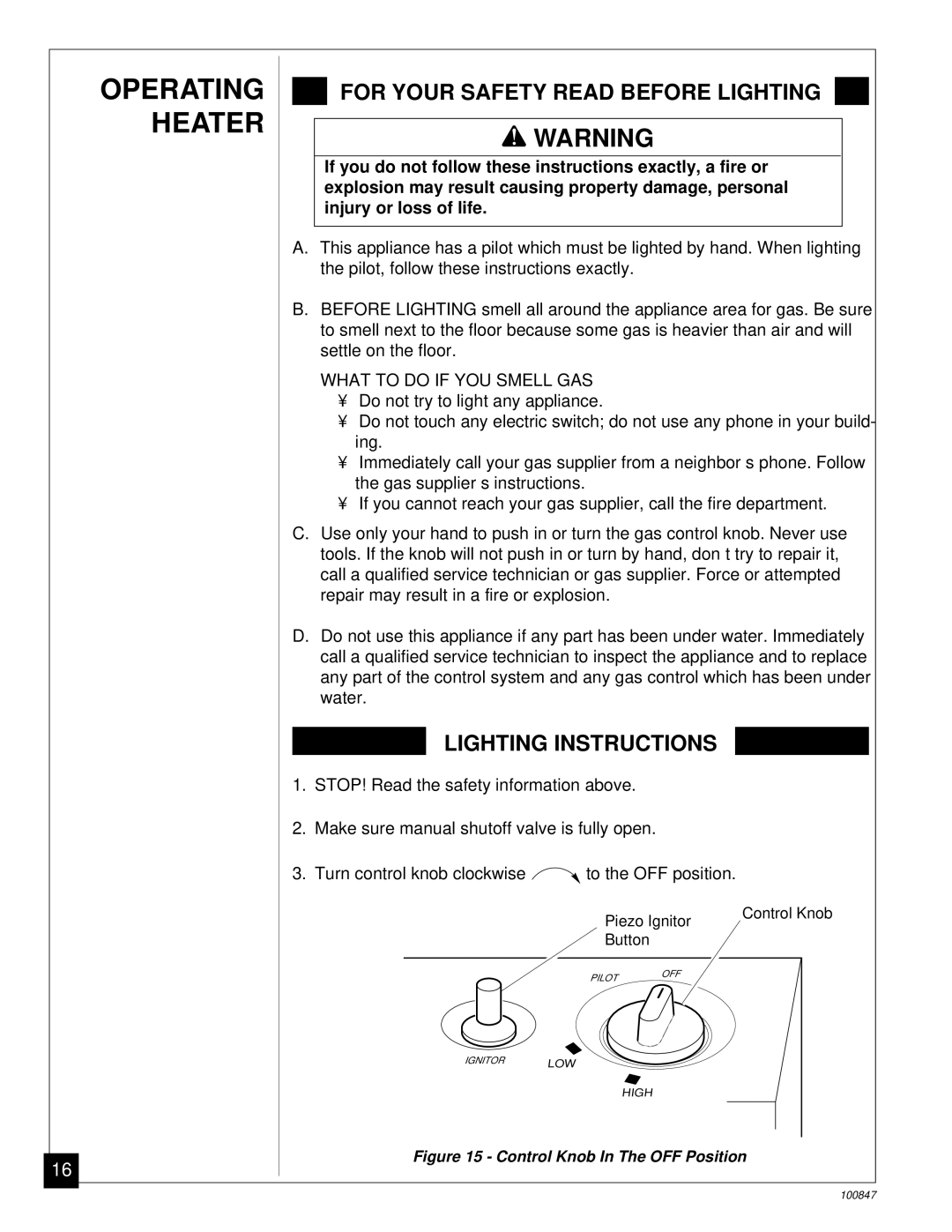 Desa CGN12A installation manual Operating Heater, For Your Safety Read Before Lighting 