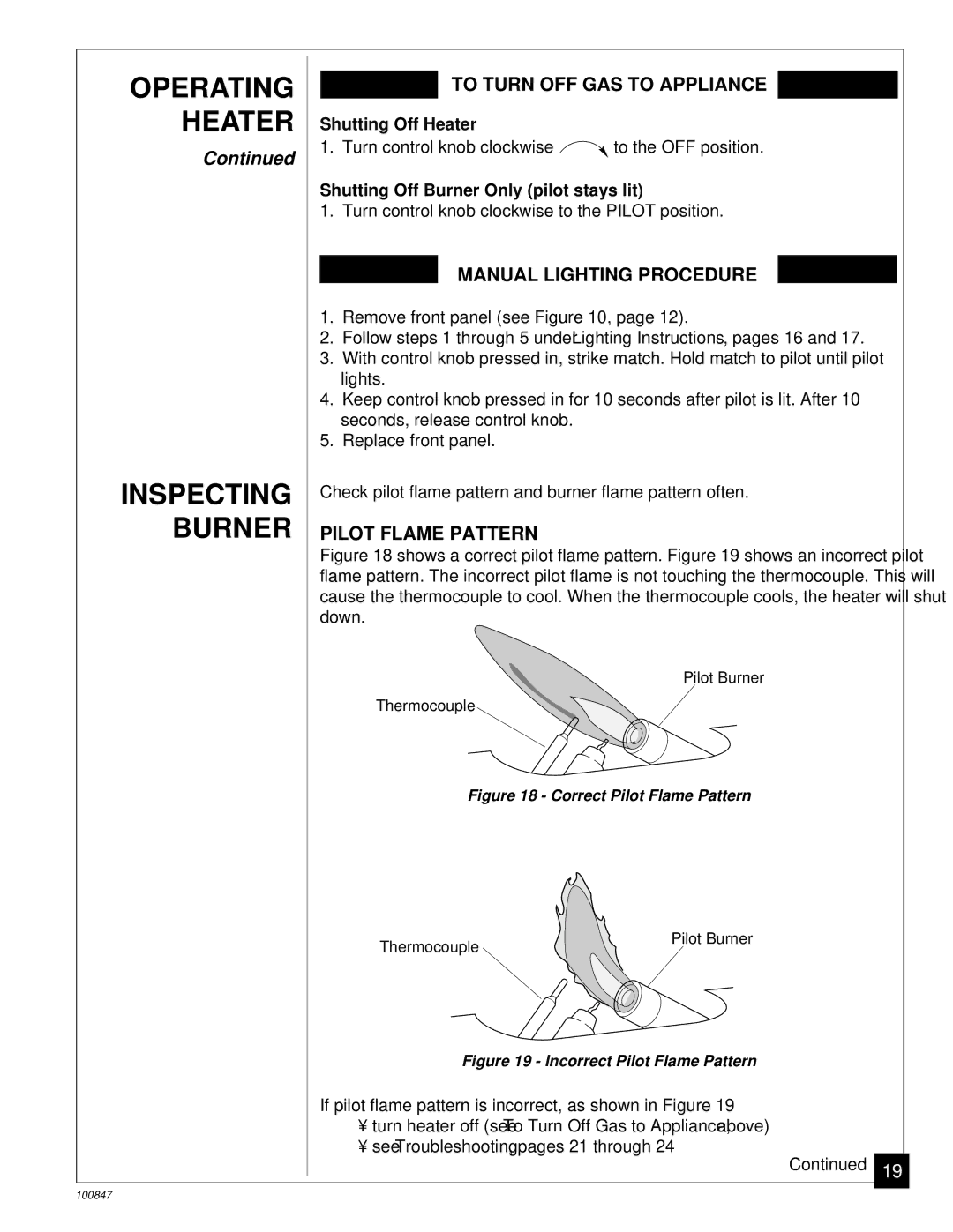 Desa CGN12A installation manual Operating Heater Inspecting Burner, To Turn OFF GAS to Appliance, Manual Lighting Procedure 