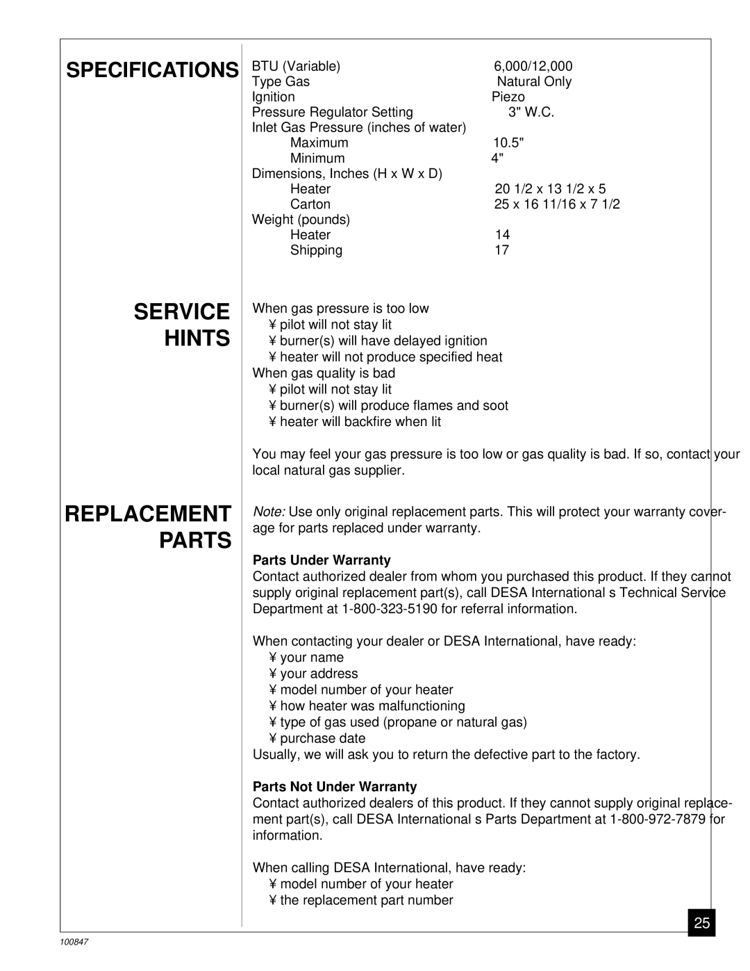 Desa CGN12A installation manual Service Hints Replacement Parts, Parts Under Warranty, Parts Not Under Warranty 