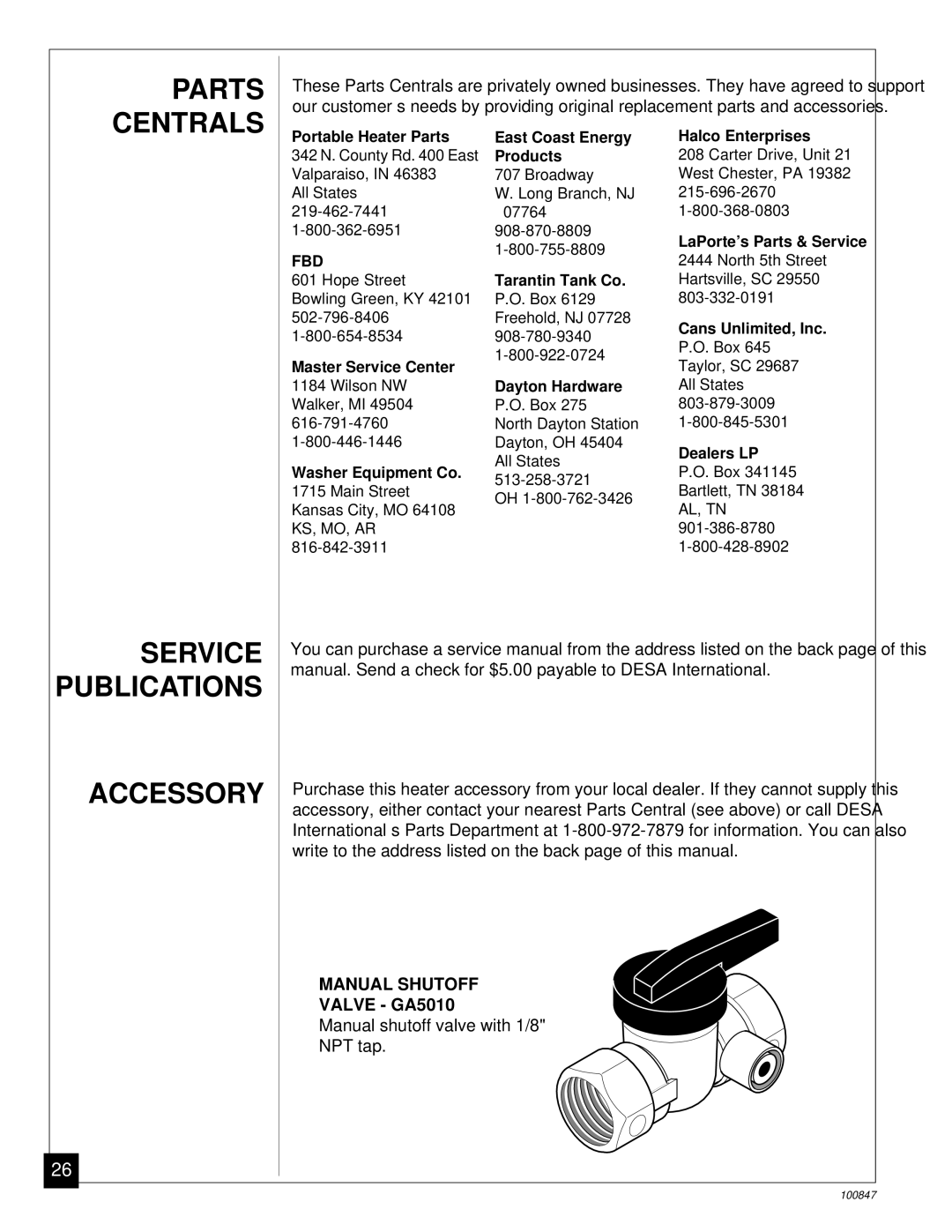 Desa CGN12A installation manual Parts Centrals, Service Publications Accessory, Valve GA5010 