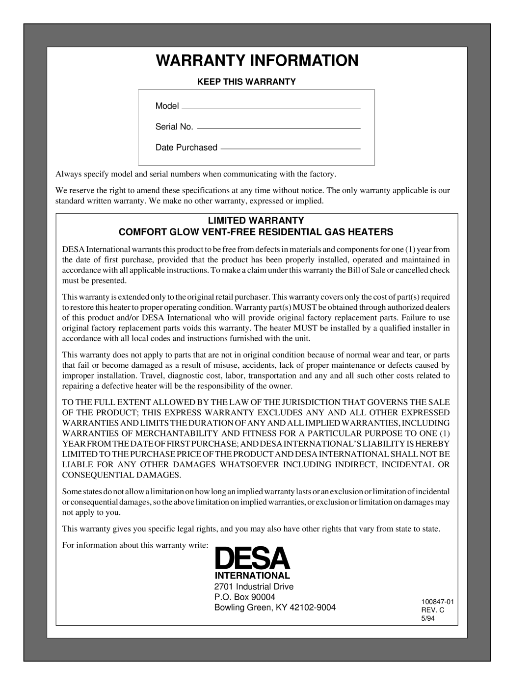 Desa CGN12A installation manual Warranty Information, Keep this Warranty 