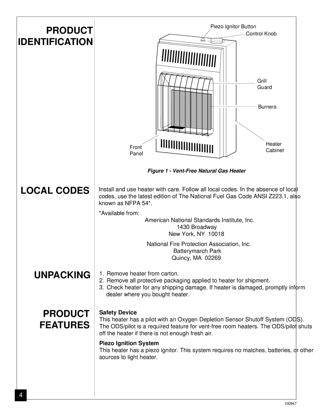 Desa CGN12A Product Identification, Local Codes Unpacking Product Features, Safety Device, Piezo Ignition System 