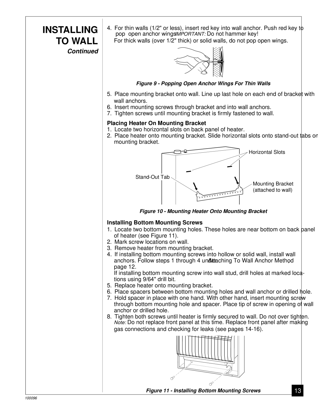 Desa RN30B, CGN18B installation manual Placing Heater On Mounting Bracket, Installing Bottom Mounting Screws 