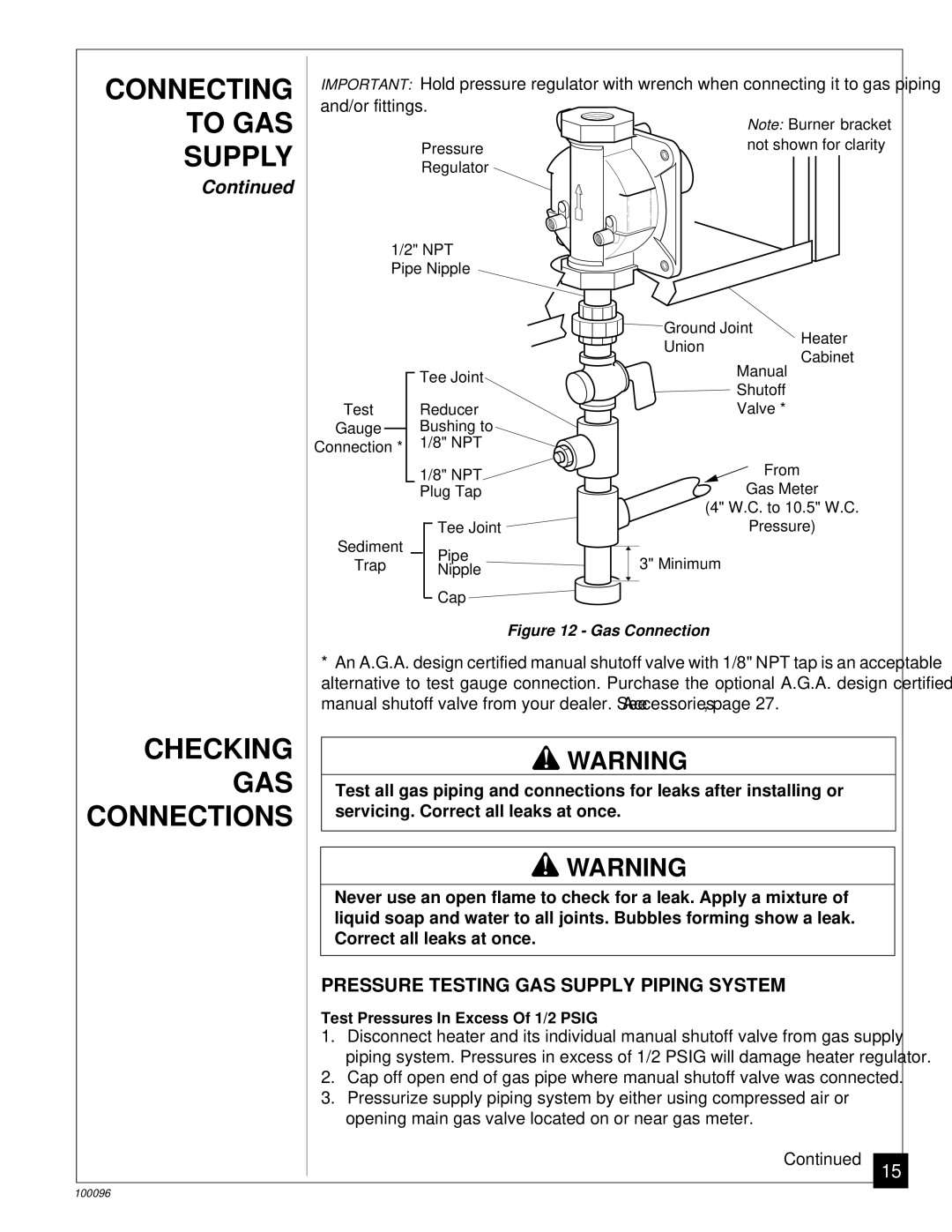 Desa RN30B, CGN18B installation manual Checking GAS Connections, Pressure Testing GAS Supply Piping System 