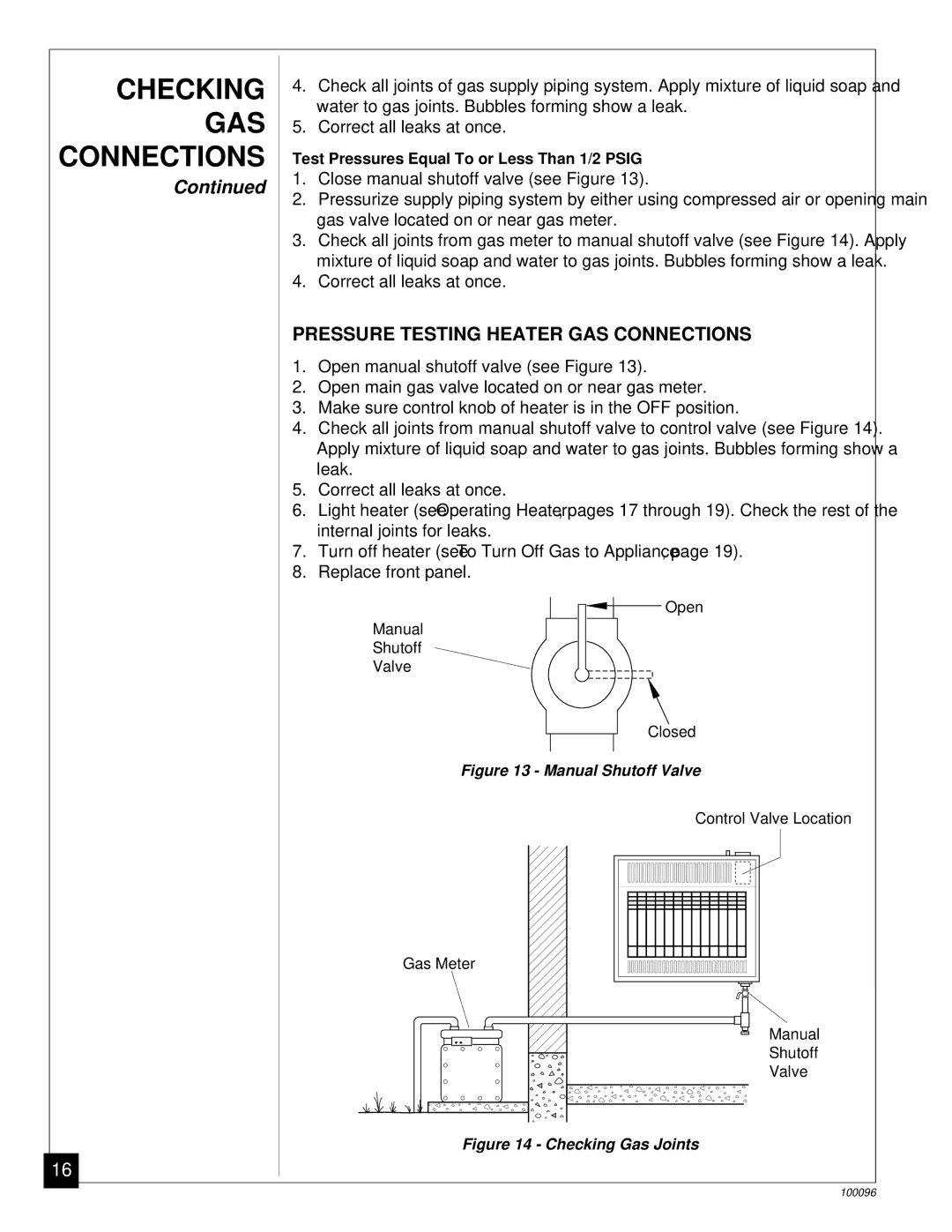 Desa CGN18B, RN30B installation manual Pressure Testing Heater GAS Connections, Manual Shutoff Valve 