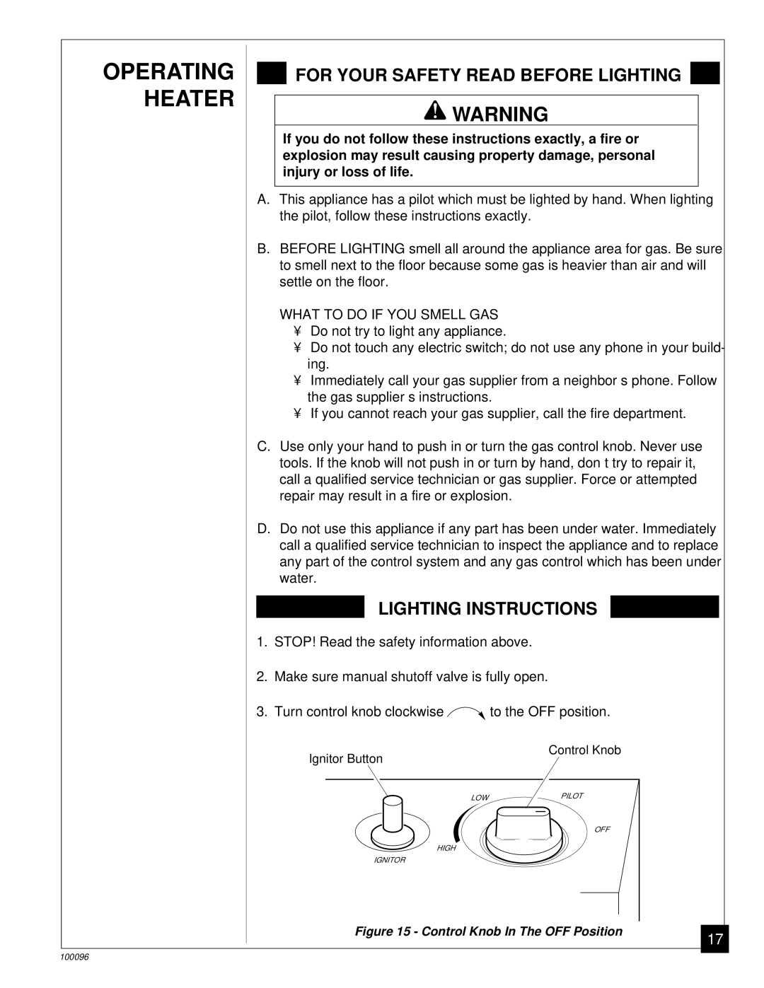 Desa RN30B, CGN18B installation manual Operating Heater, For Your Safety Read Before Lighting 