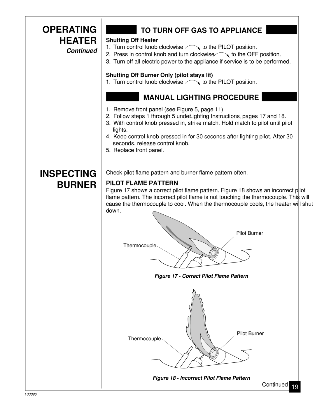 Desa RN30B, CGN18B installation manual Operating Heater Inspecting Burner, Pilot Flame Pattern, Shutting Off Heater 