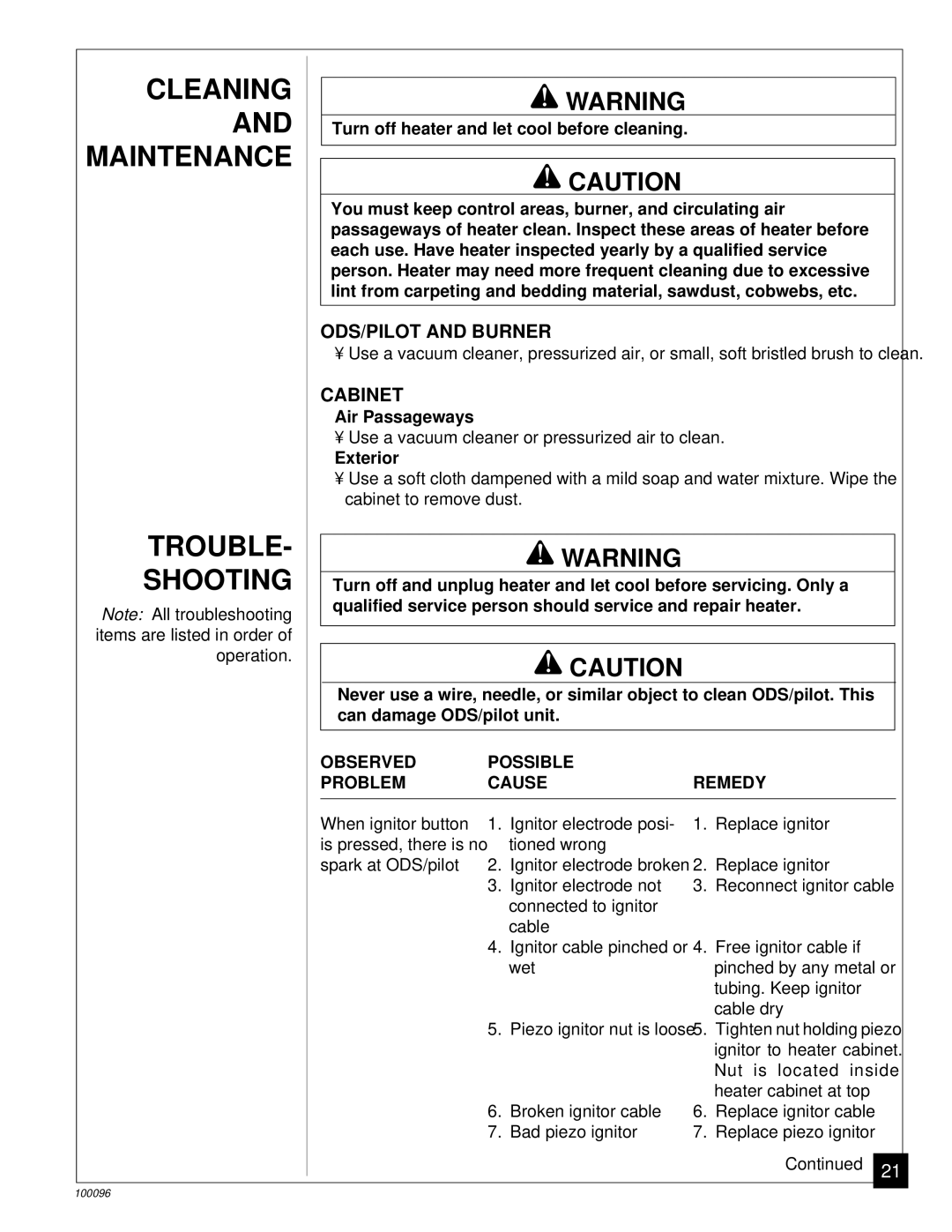 Desa RN30B, CGN18B installation manual Cleaning and Maintenance Trouble Shooting, ODS/PILOT and Burner, Cabinet 