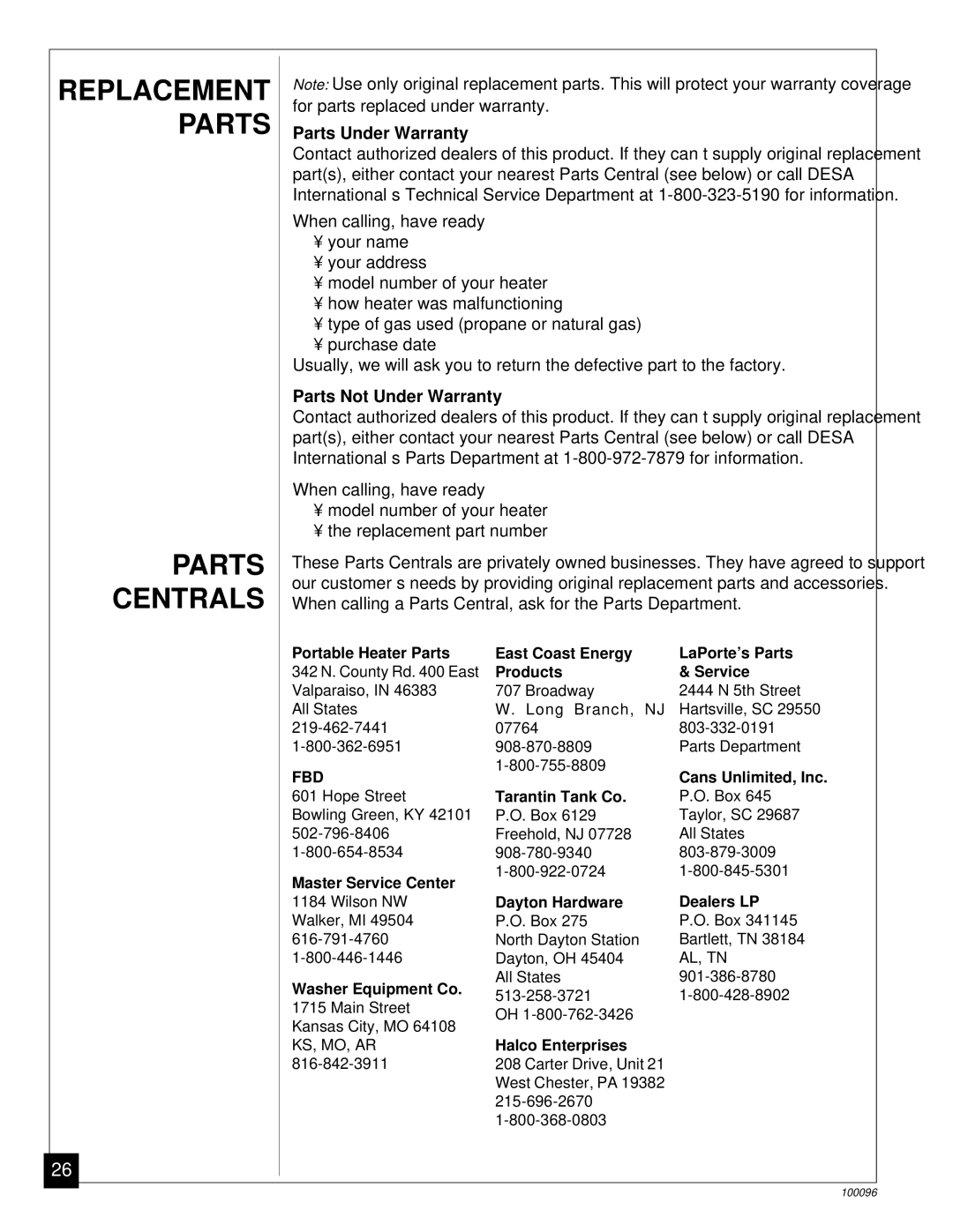 Desa CGN18B, RN30B installation manual Replacement Parts Centrals, Parts Under Warranty, Parts Not Under Warranty 