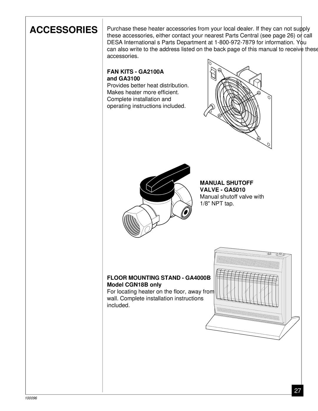 Desa RN30B, CGN18B installation manual Accessories, Manual Shutoff, Floor Mounting Stand GA4000B 