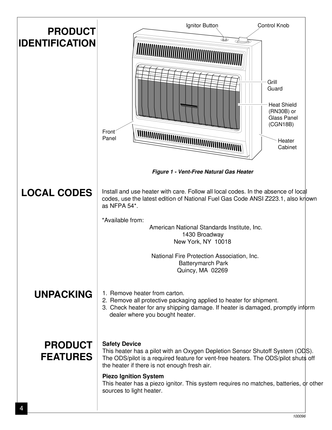 Desa CGN18B, RN30B Product Identification, Local Codes Unpacking Product Features, Safety Device, Piezo Ignition System 