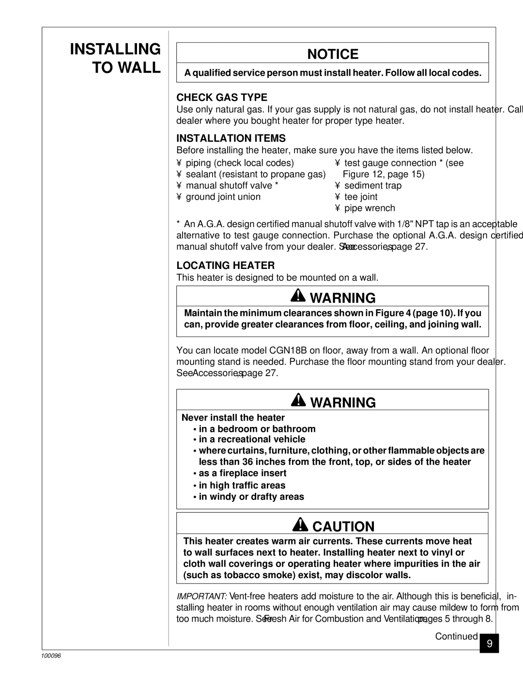 Desa RN30B, CGN18B installation manual Check GAS Type, Installation Items, Locating Heater 