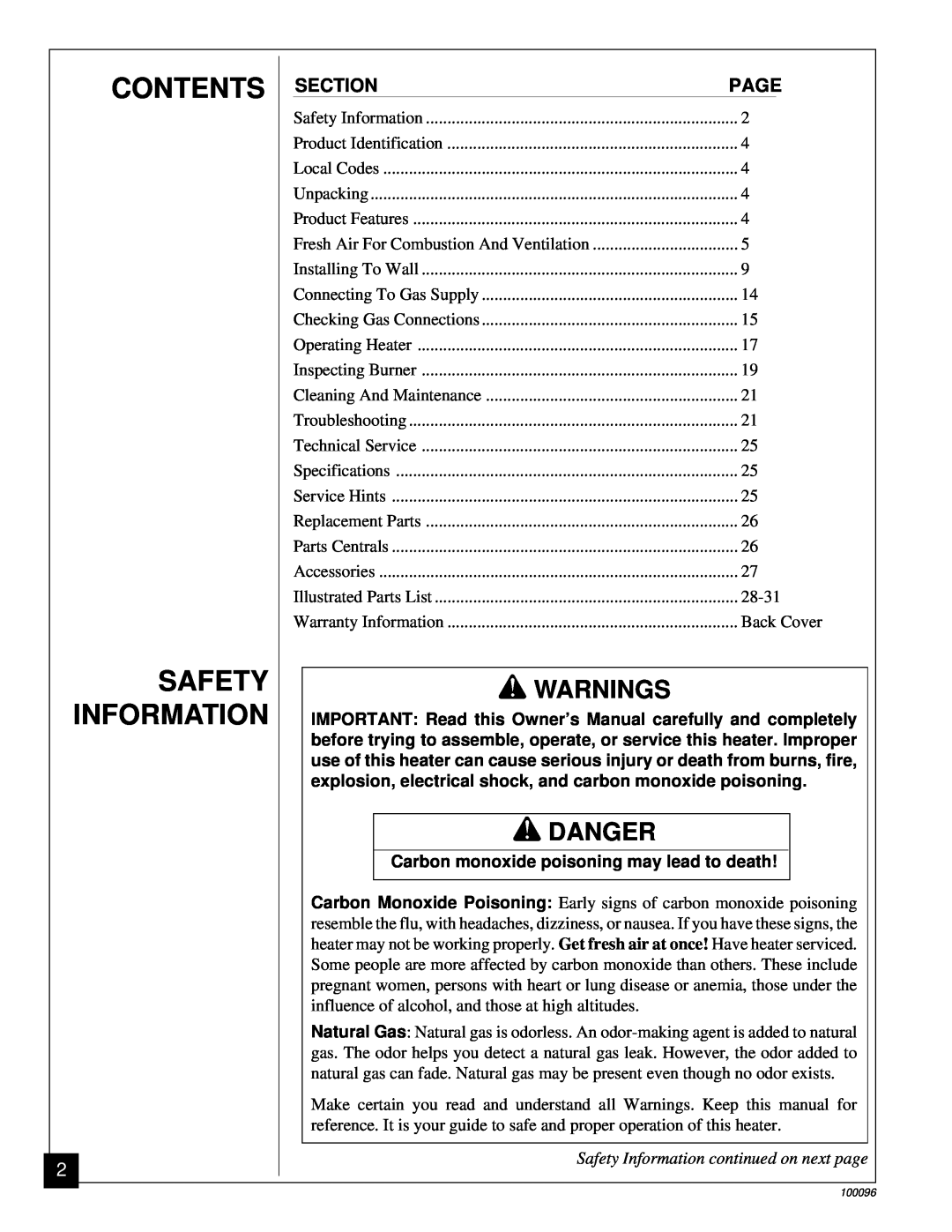 Desa CGN18B, RN30B Contents Safety Information, Warnings, Danger, Safety Information continued on next page 