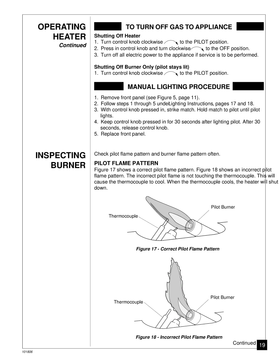 Desa RN30C, CGN18C installation manual Operating Heater Inspecting Burner, Pilot Flame Pattern, Shutting Off Heater 