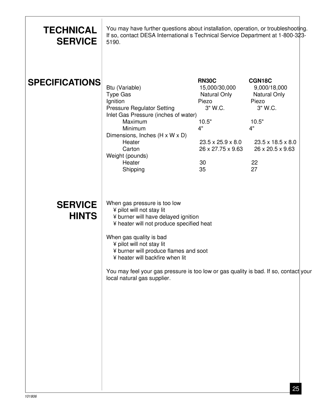 Desa installation manual Technical Service, Service Hints, RN30C CGN18C 