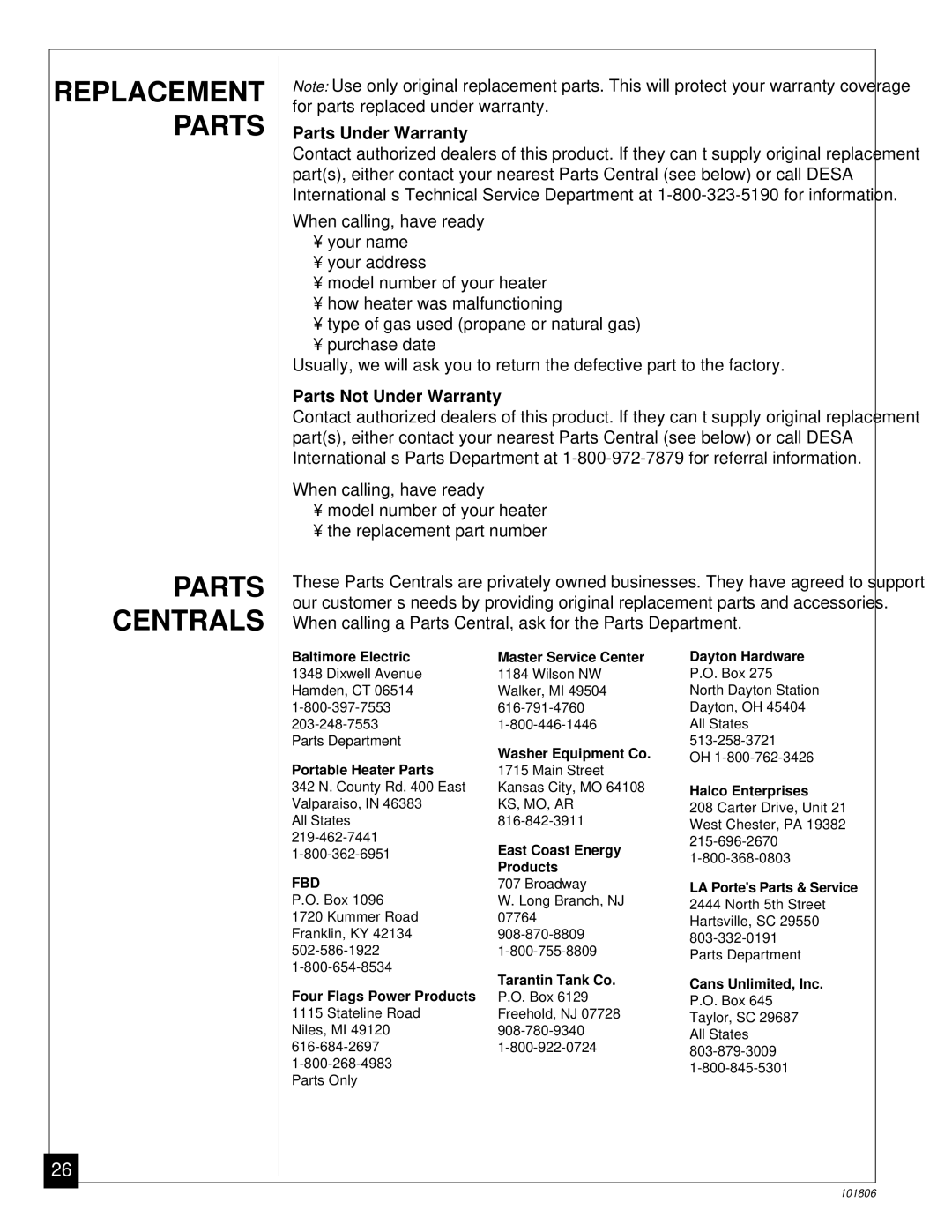 Desa CGN18C, RN30C installation manual Replacement Parts Centrals, Parts Under Warranty, Parts Not Under Warranty 