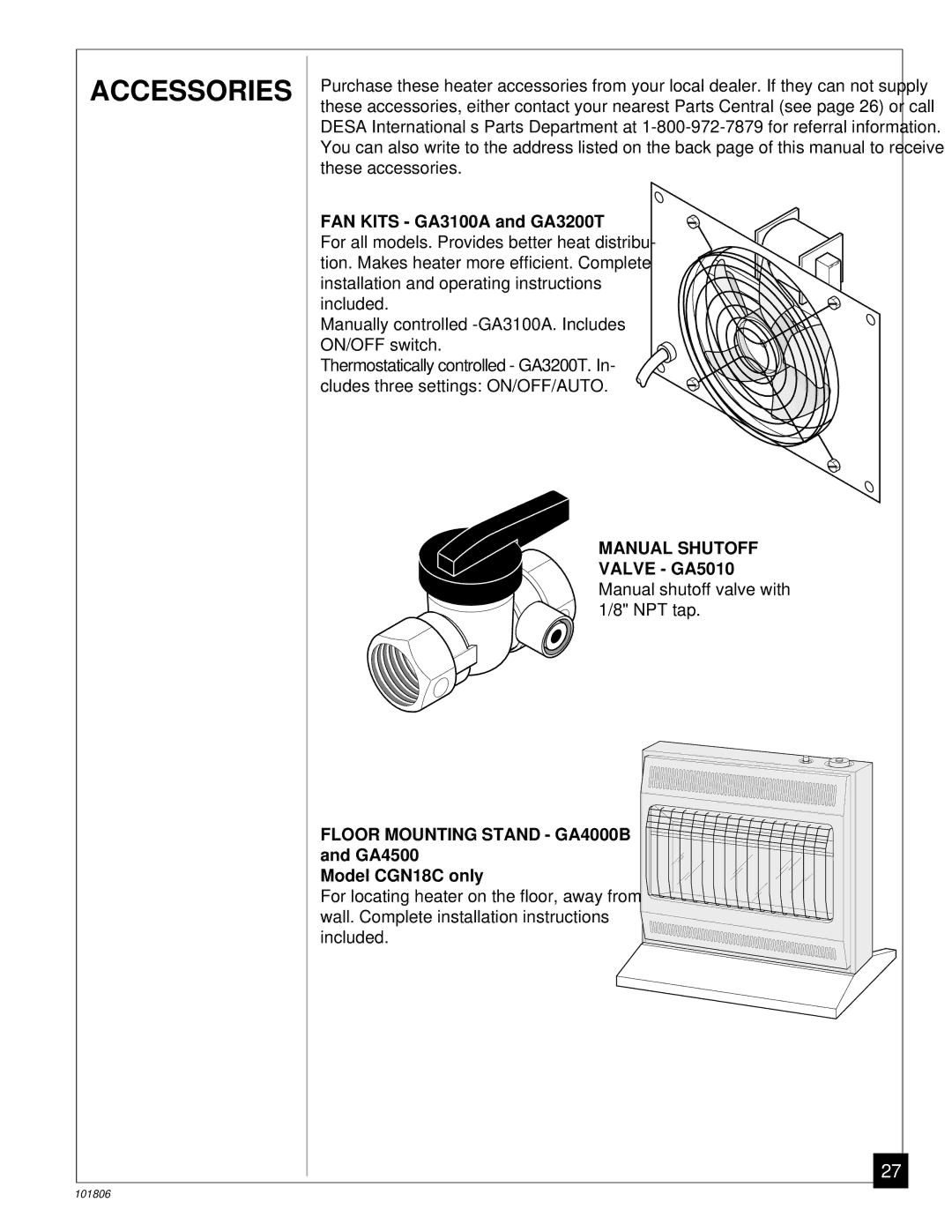 Desa RN30C, CGN18C installation manual Accessories, FAN Kits GA3100A and GA3200T, Manual Shutoff, Valve GA5010 