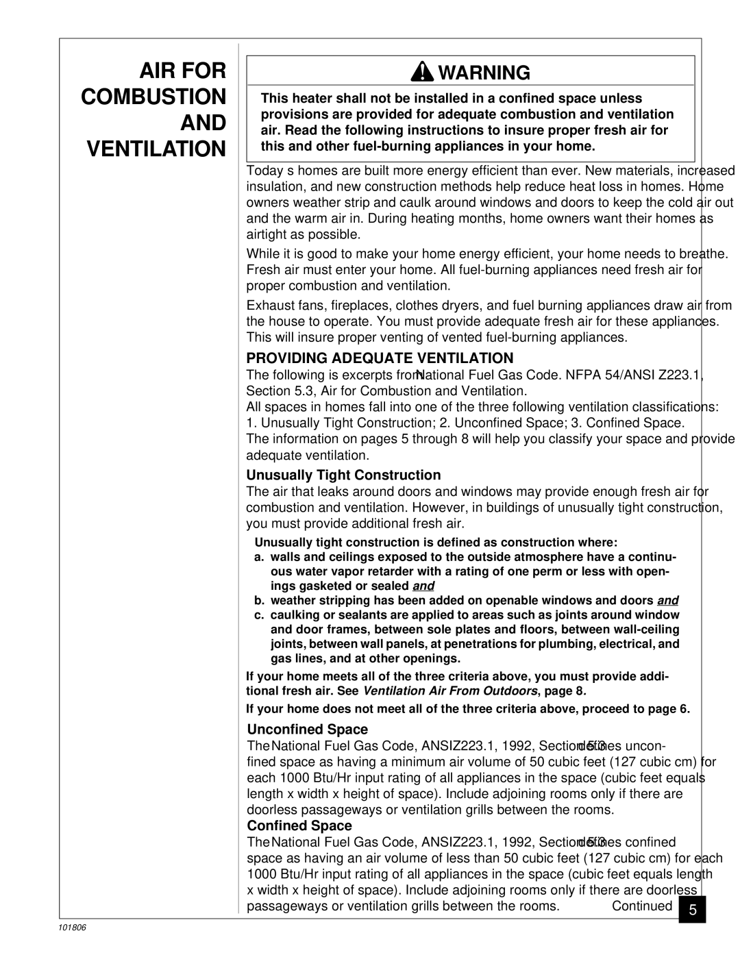 Desa RN30C, CGN18C AIR for Combustion and Ventilation, Providing Adequate Ventilation, Unusually Tight Construction 