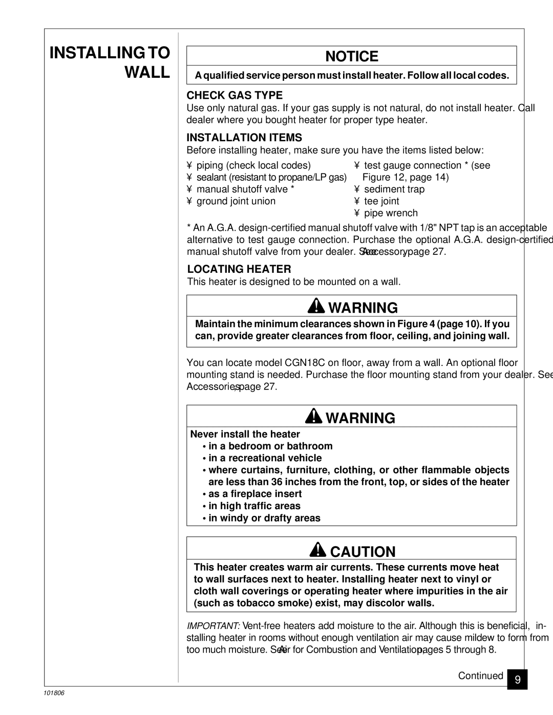 Desa RN30C, CGN18C installation manual Check GAS Type, Installation Items, Locating Heater 