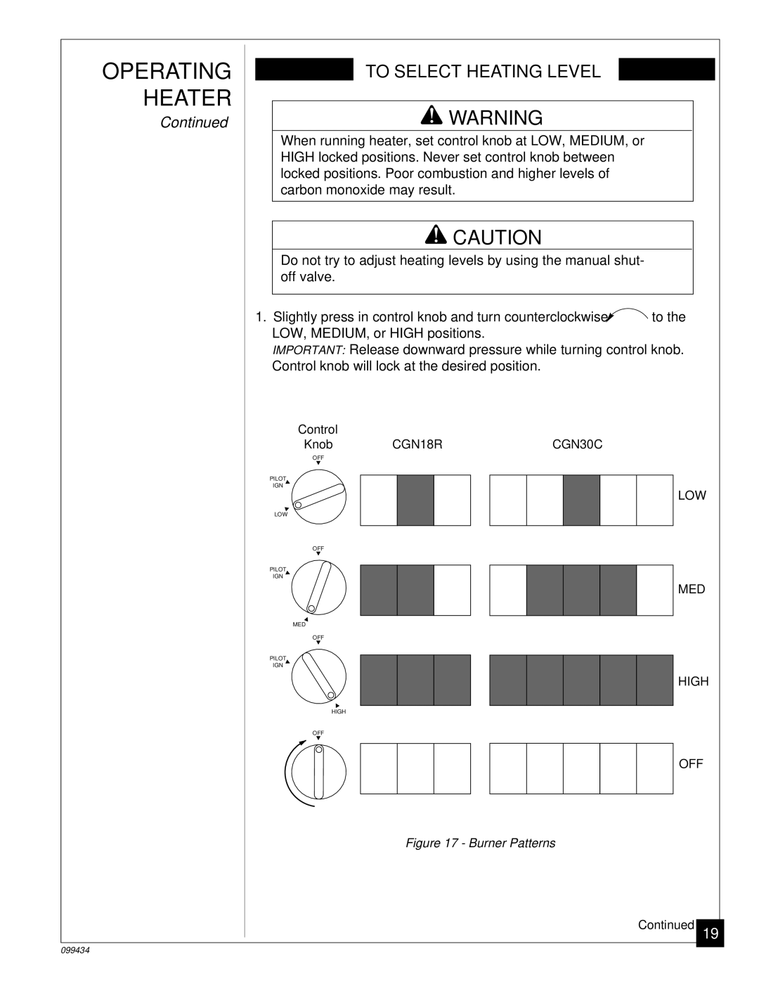 Desa CGN30C, CGN18R installation manual To Select Heating Level 