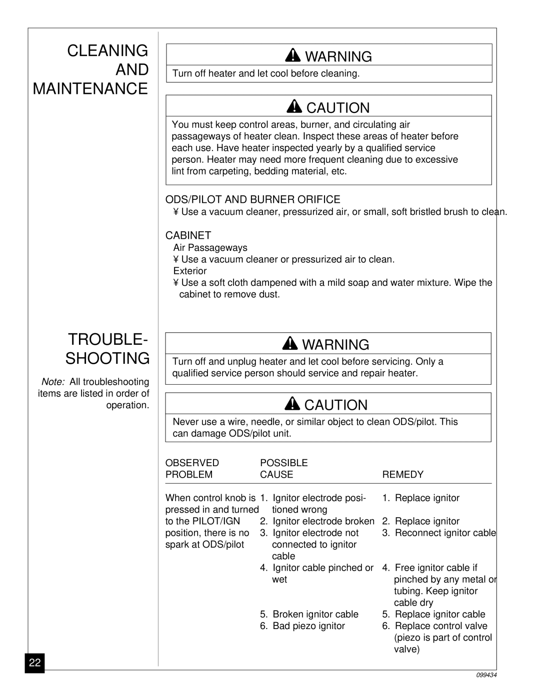 Desa CGN18R, CGN30C installation manual Cleaning, Maintenance, Trouble Shooting, ODS/PILOT and Burner Orifice, Cabinet 