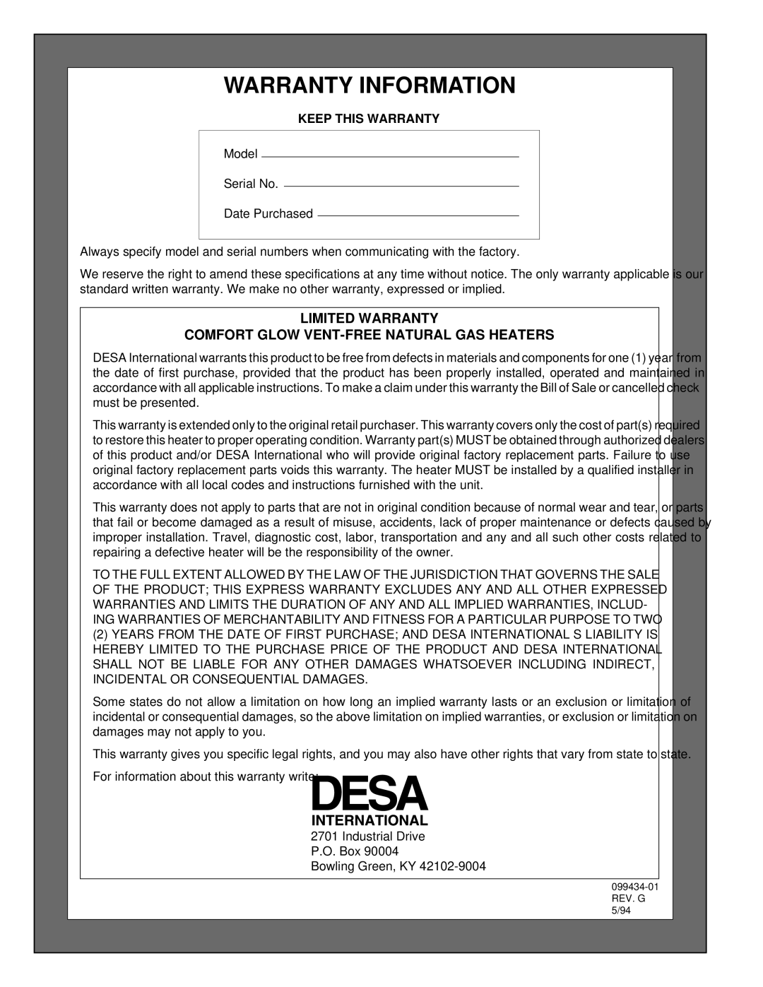 Desa CGN18R, CGN30C installation manual Warranty Information, Keep this Warranty 