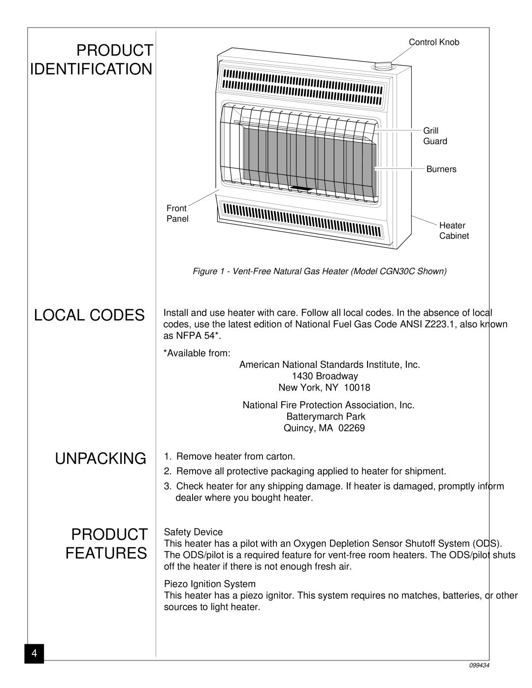 Desa CGN18R, CGN30C installation manual Local Codes Unpacking Product Features, Safety Device, Piezo Ignition System 