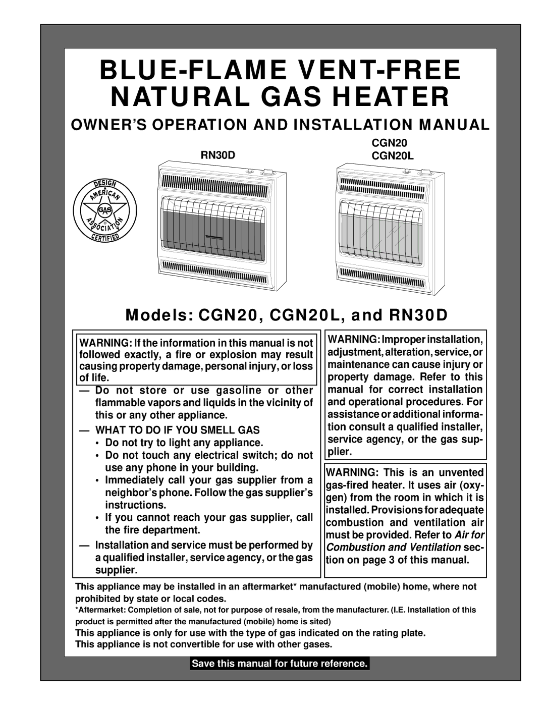 Desa installation manual RN30D CGN20 CGN20L, What to do if YOU Smell GAS 