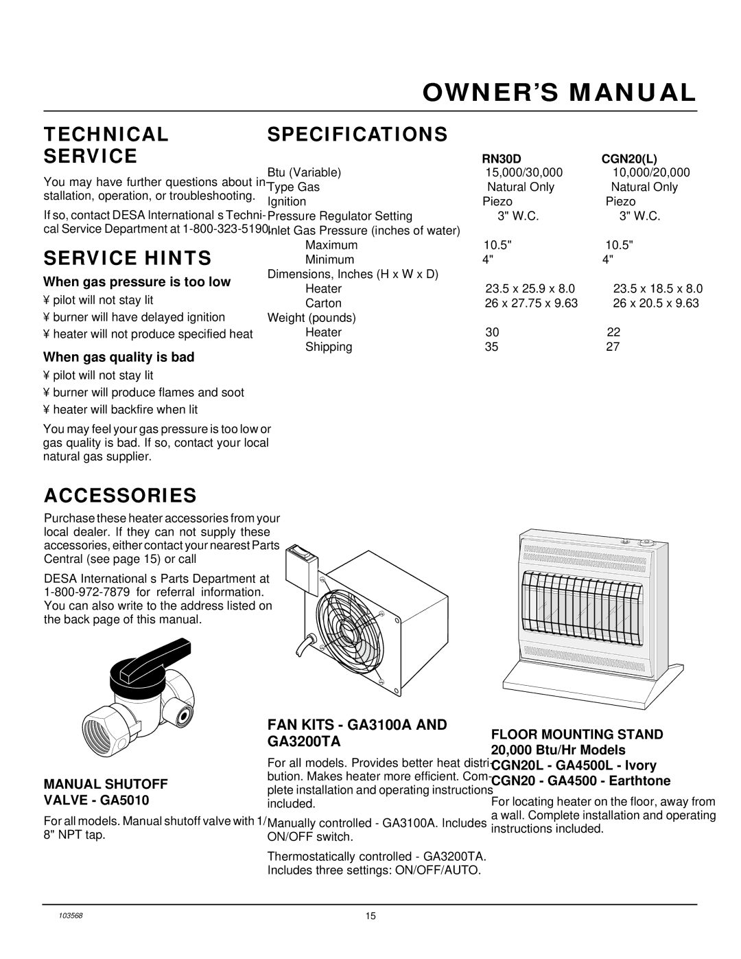 Desa CGN20L, RN30D Technical Service, Service Hints, Accessories, Specifications, FAN Kits GA3100A and GA3200TA 