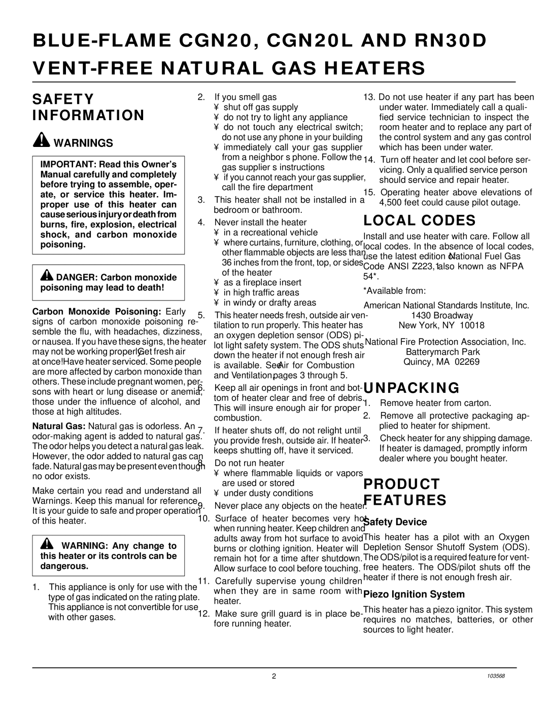 Desa RN30D, CGN20L installation manual Safety Information, Local Codes, Unpacking, Product Features 