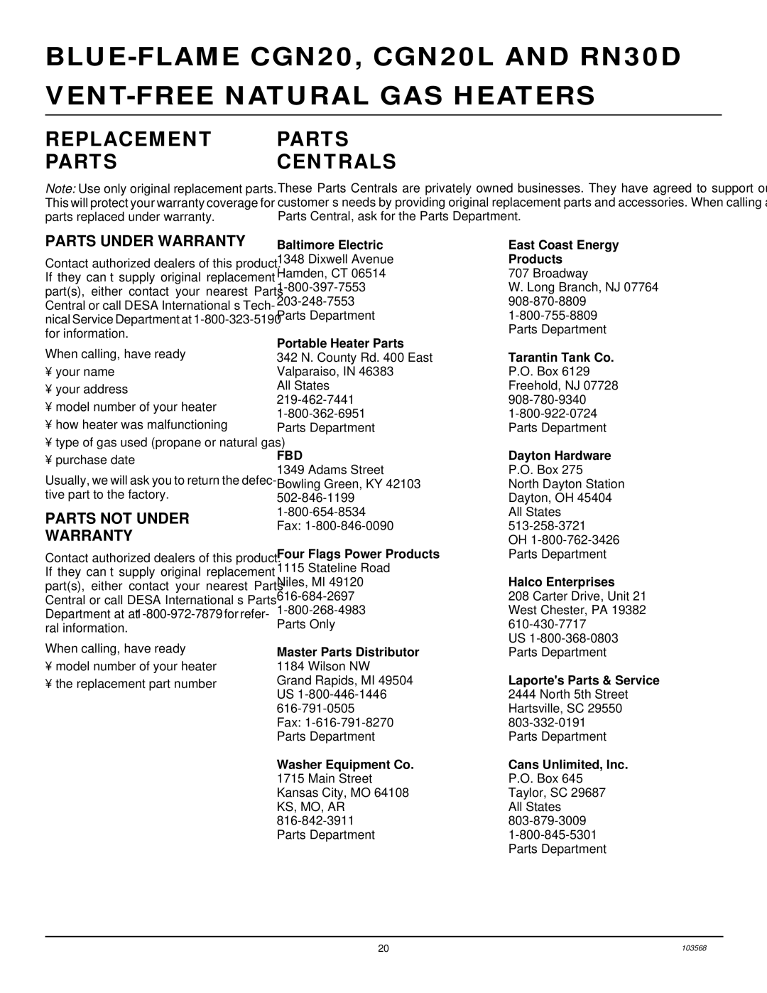 Desa RN30D, CGN20L installation manual Replacement Parts Centrals, Parts Under Warranty, Parts not Under Warranty 