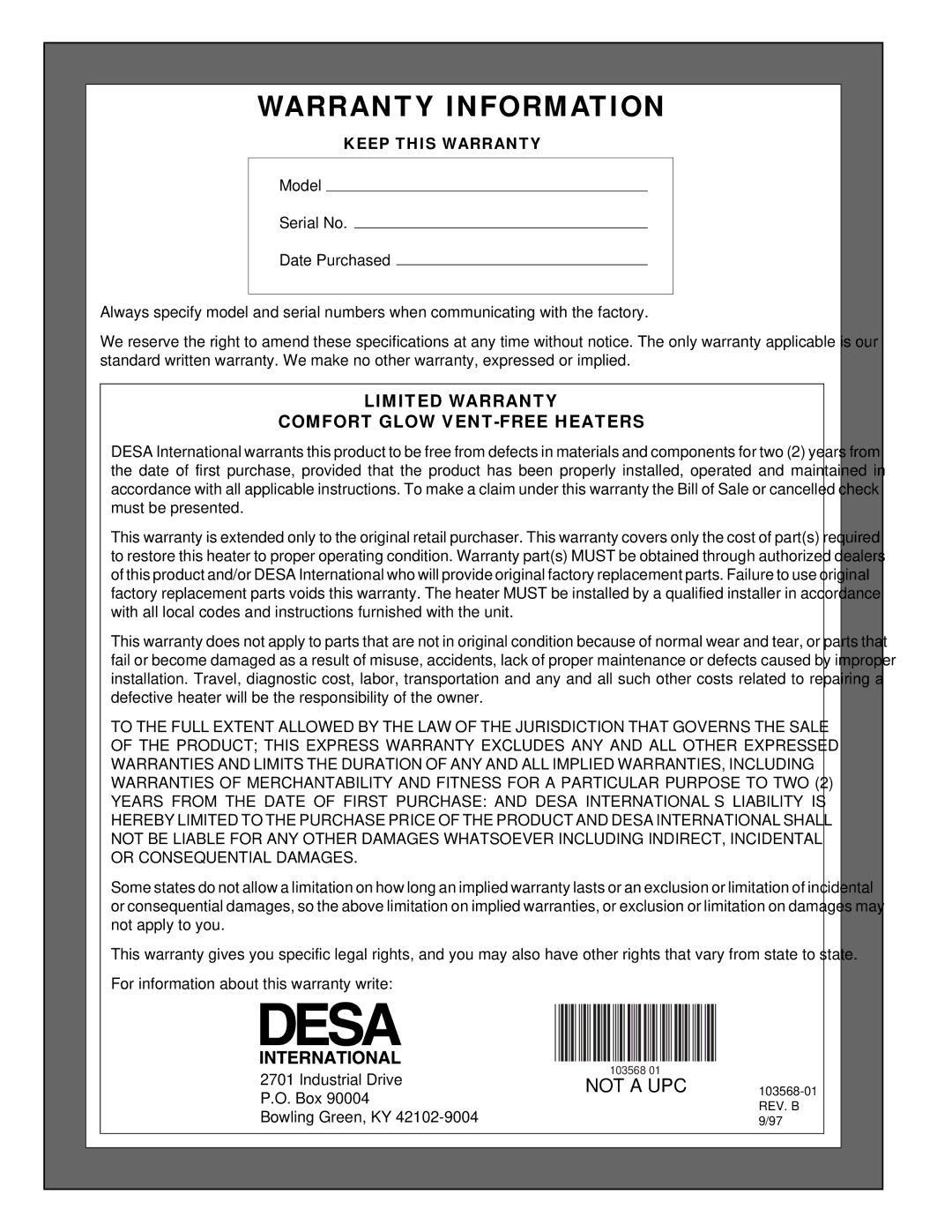 Desa CGN20L, RN30D installation manual Warranty Information, Limited Warranty Comfort Glow VENT-FREE Heaters 