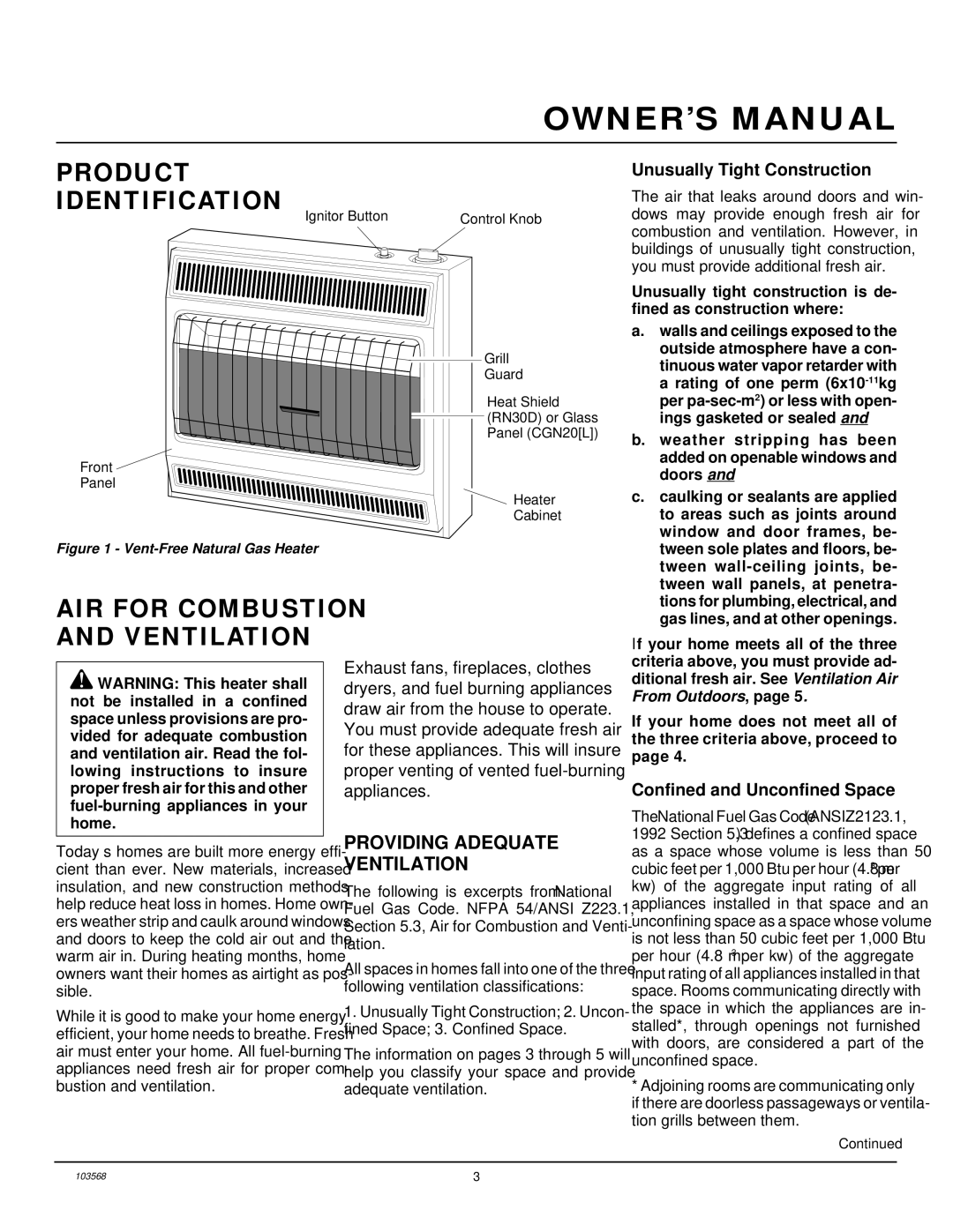 Desa CGN20L, RN30D Product Identification, AIR for Combustion Ventilation, Providing Adequate Ventilation 