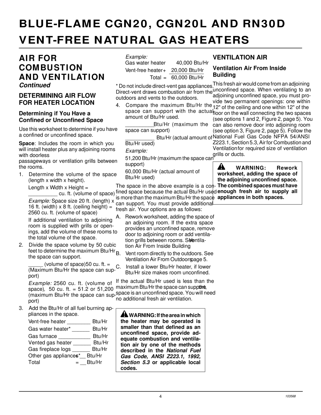 Desa CGN20L, RN30D AIR for Combustion and Ventilation, Determining AIR Flow for Heater Location, Ventilation AIR 