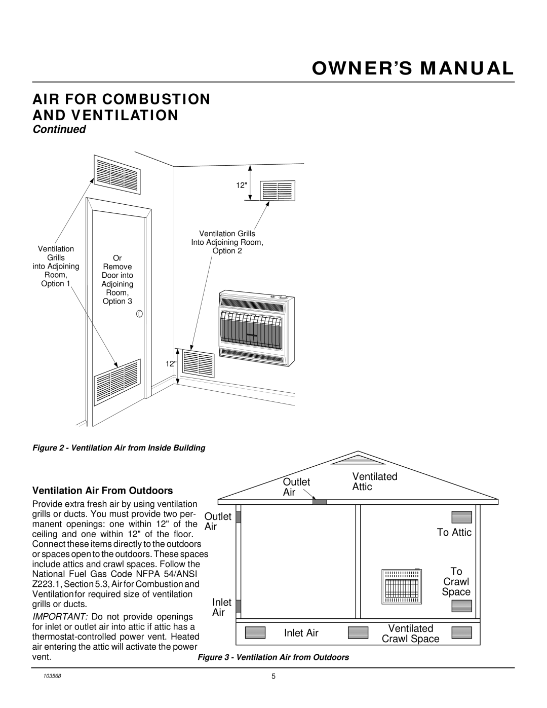 Desa RN30D, CGN20L installation manual Ventilation Air From Outdoors, Ventilation Air from Inside Building 