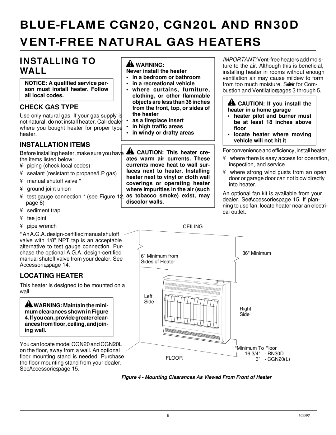 Desa CGN20L, RN30D installation manual Installing to Wall, Check GAS Type, Installation Items, Locating Heater 