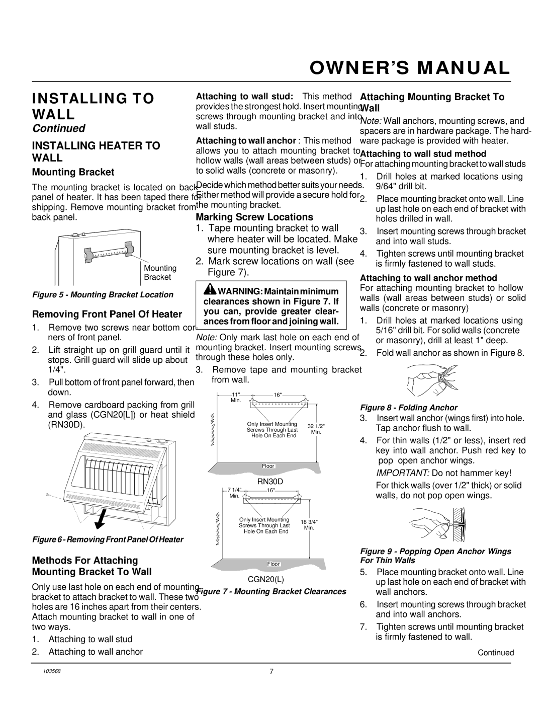 Desa CGN20L, RN30D installation manual Installing Heater to Wall 