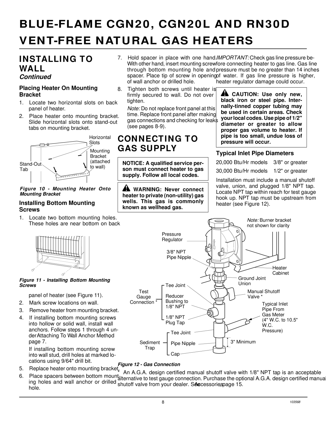 Desa RN30D, CGN20L Connecting to GAS Supply, Placing Heater On Mounting Bracket, Installing Bottom Mounting Screws 