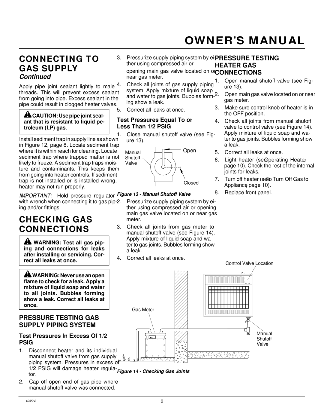 Desa CGN20L Checking GAS Connections, Pressure Testing Heater GAS Connections, Pressure Testing GAS Supply Piping System 