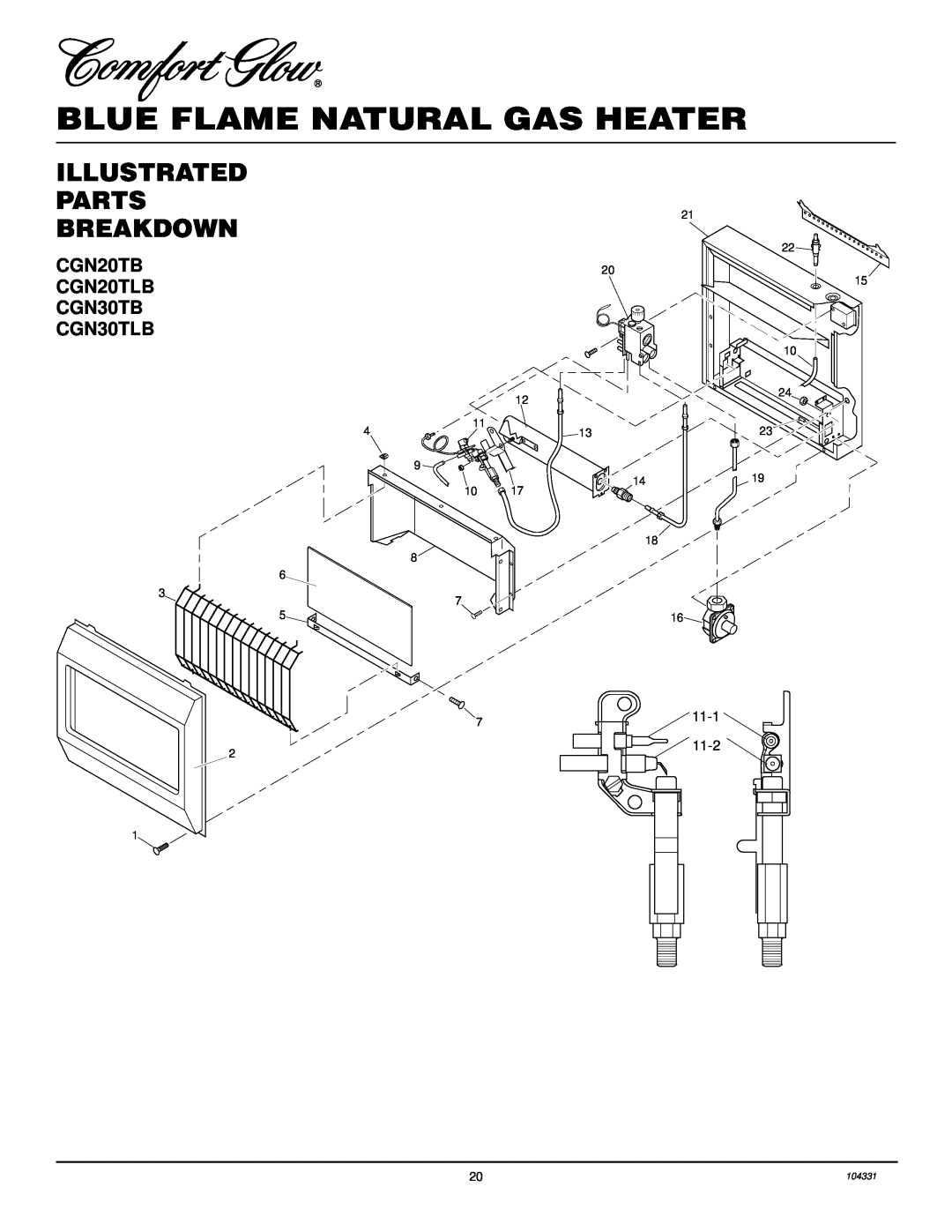 Desa installation manual Illustrated Parts Breakdown, CGN20TB CGN20TLB CGN30TB CGN30TLB, Blue Flame Natural Gas Heater 