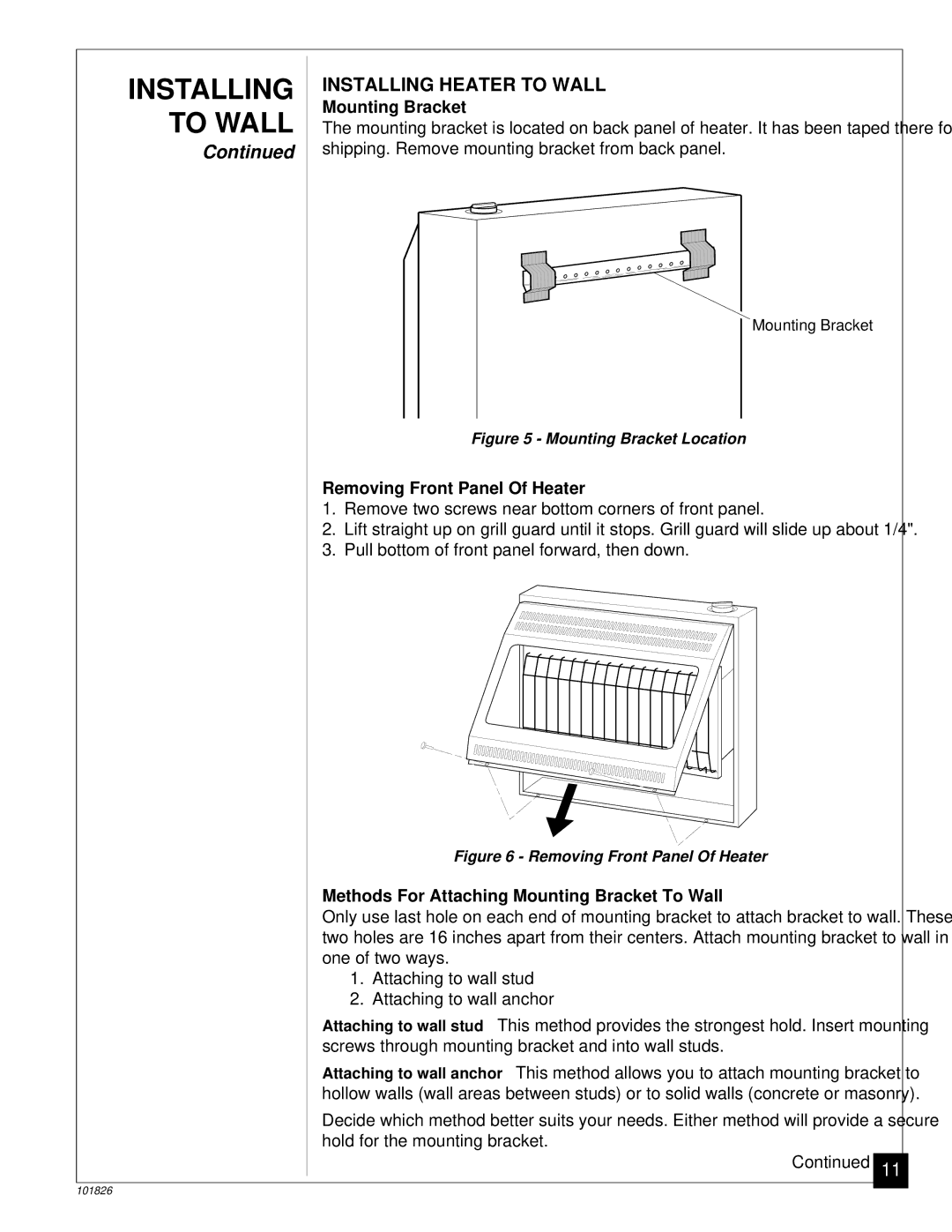 Desa CGN18RA, CGN30D installation manual Installing Heater to Wall, Mounting Bracket, Removing Front Panel Of Heater 