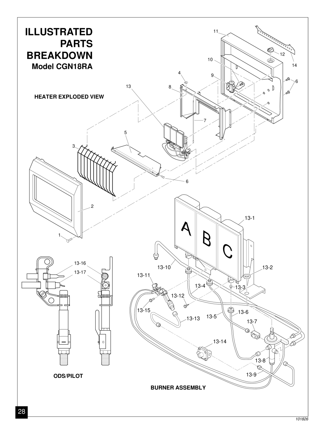 Desa CGN30D installation manual Illustrated Parts Breakdown, Model CGN18RA 